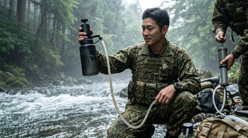 陸上自衛隊員が山間部の川辺で、数種類の携帯浄水器の性能を比較・検証している様子。