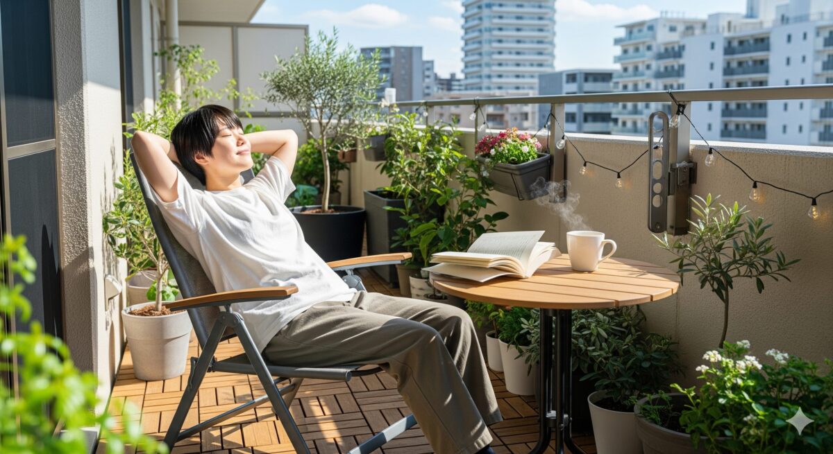 陽の光が心地よく差し込むマンションのベランダで、木製パネルを敷き詰めた床にお気に入りの折りたたみ椅子を置いてくつろぐ人物。