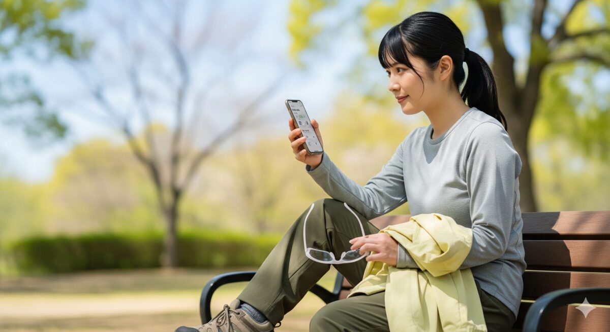 陽光が差し込む春の公園で、木製のベンチに座りながらスマートフォンを真剣に見つめている日本人の若い女性。