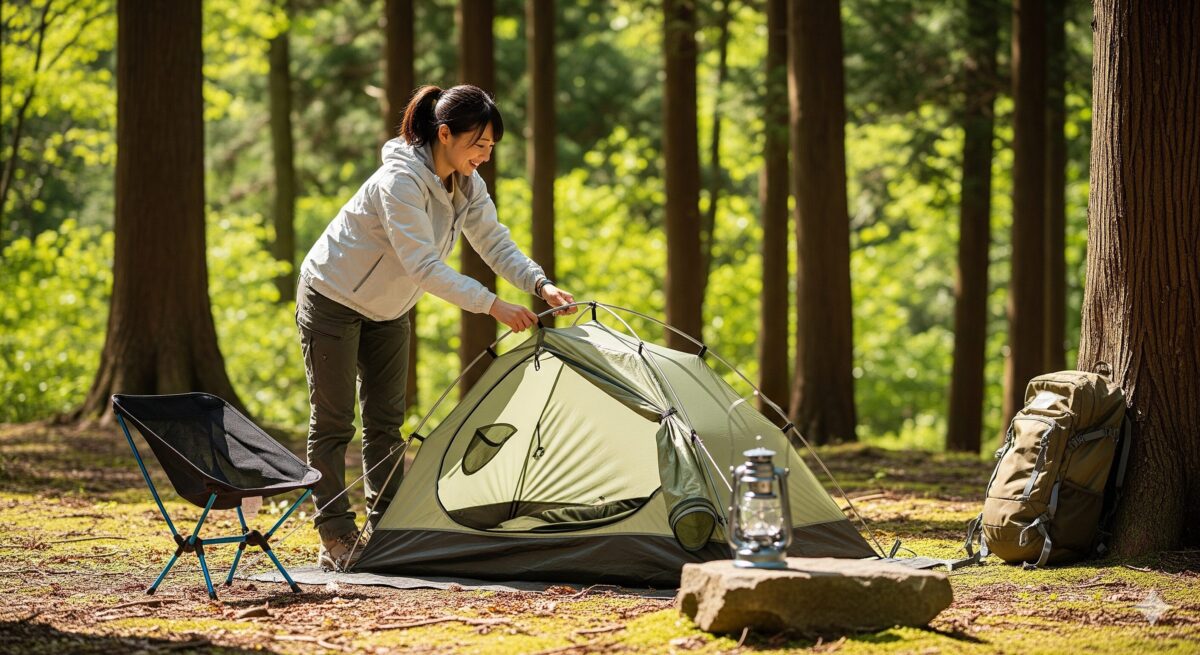 陽光が差し込む穏やかな林間キャンプ場で、おしゃれなソロテントを設営している日本人の若い女性。