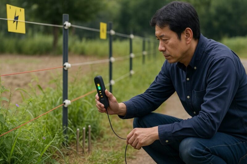 雑草の生えた畦道で、日本人男性が専用テスターを使って電気柵の電圧を確認している様子を写した写真。