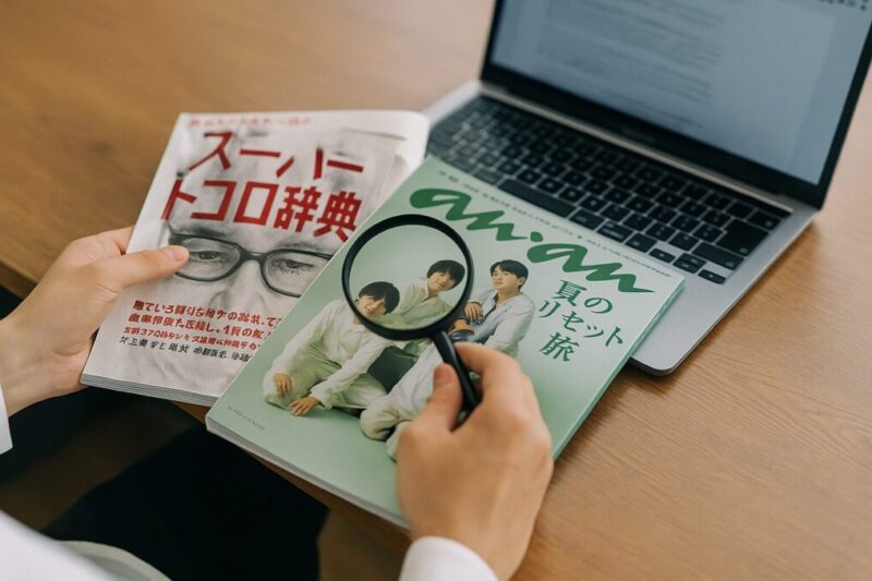 雑誌掲載の出典や号数を拡大鏡で確認するイメージ