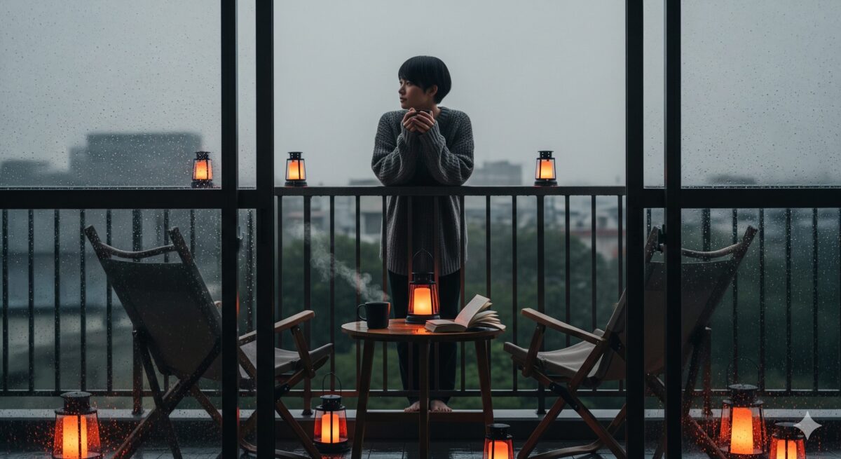 雨が降る静かな午後に、お気に入りの椅子やランタンを置いたベランダで温かい飲み物を手にくつろぐ人物。