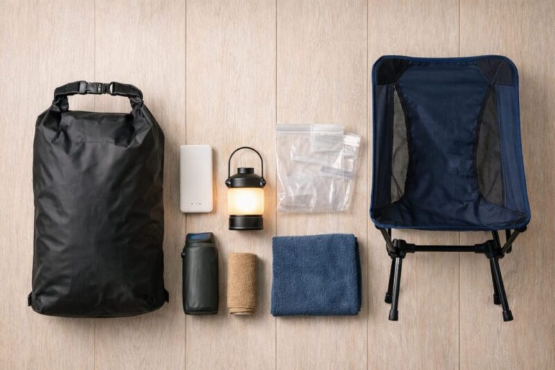 雨のグランピングで役立つ防水バッグやランタンなどの便利ギア