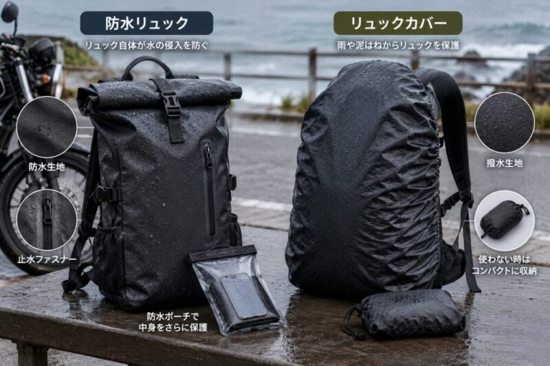 雨のツーリングで使う防水リュックとリュックカバー、防水ポーチを比較している様子