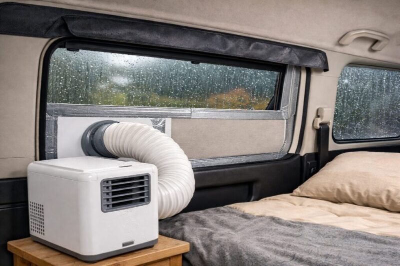 雨の外気を避けながら、車内は乾いたまま小型冷房機の排気ダクトを窓パネルから外へ通している設置イメージ