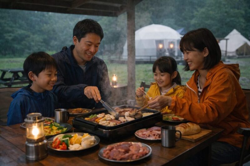 雨の日でも屋根付きスペースで快適に食事を楽しむグランピングの様子