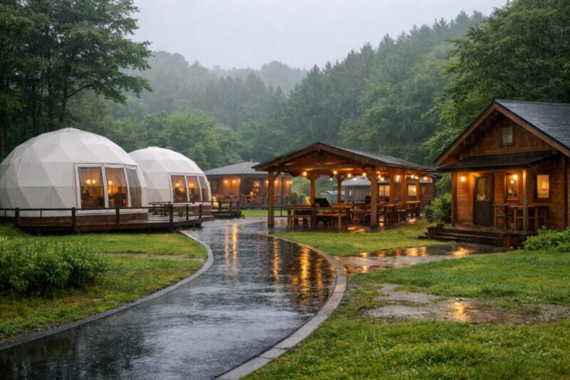 雨の日でも移動しやすい舗装路と屋根付き設備のあるグランピング施設