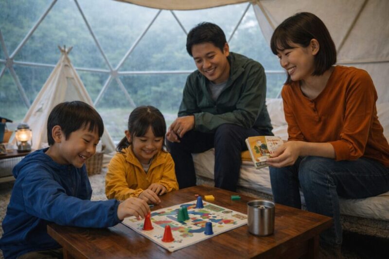 雨の日に屋内でボードゲームやクラフトを楽しむ家族のグランピング時間