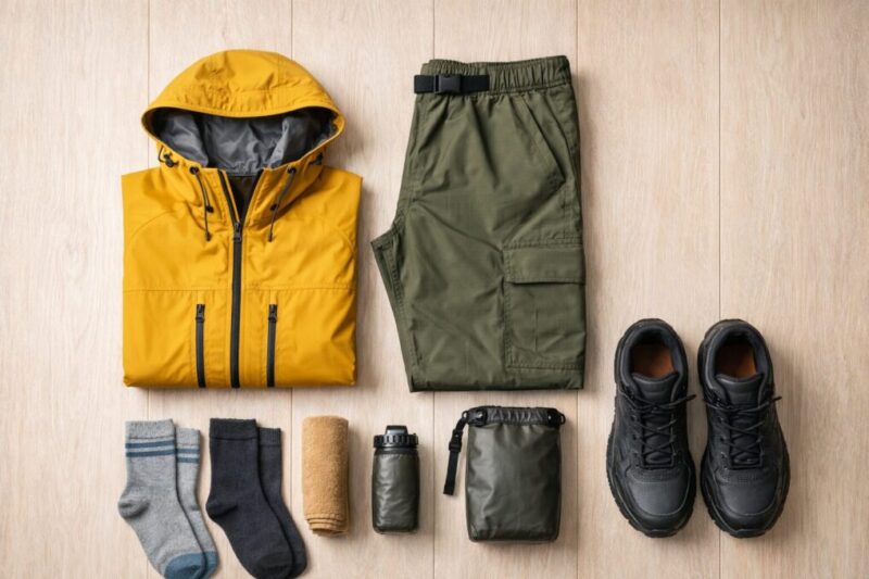 雨の日のグランピングに適したレインウェアと防水シューズの持ち物例