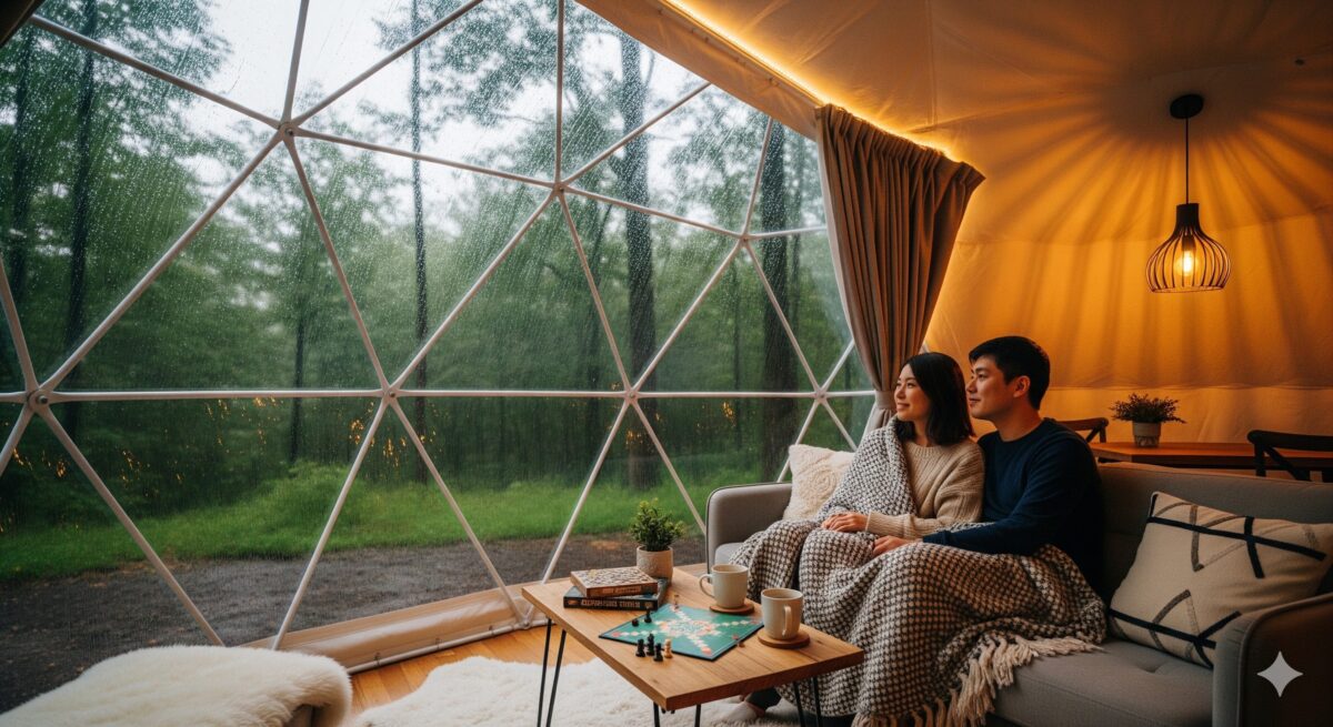 雨の日の居心地の良いグランピングドームの内部。
