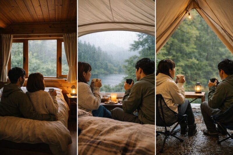 雨の日の快適性を比較しやすいコテージとドームとテントのイメージ