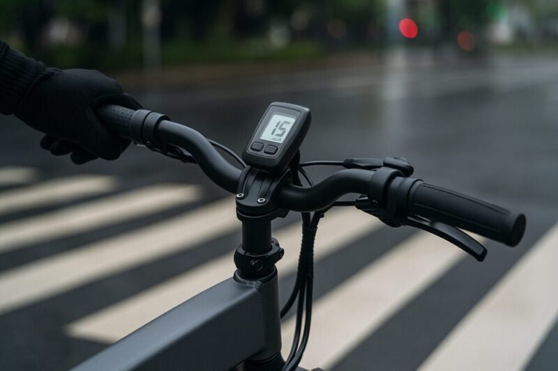 雨上がりの交差点でeBikeのハンドル周りを映した写真。安全運転と法規順守を想起させる落ち着いたイメージ。