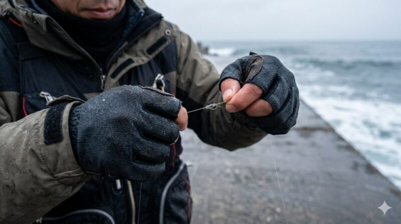 雨上がりの堤防で、防寒手袋を着用しルアーを調整する釣り人の手元。