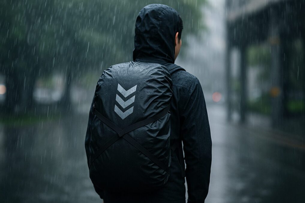 雨天の通勤・登山シーンで無地のリュックカバーを装着する日本人の後ろ姿