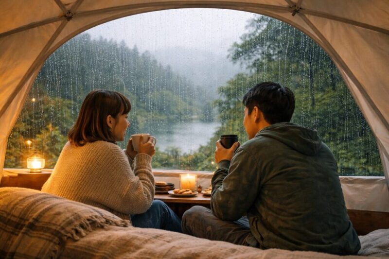 雨景色を眺めながら温かい飲み物を楽しむカップルのグランピング