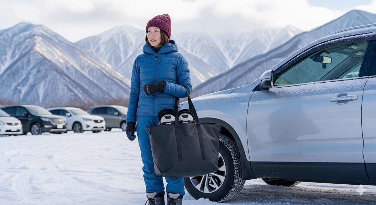雪が積もったスキー場の駐車場で、車の横に立つ女性の姿。