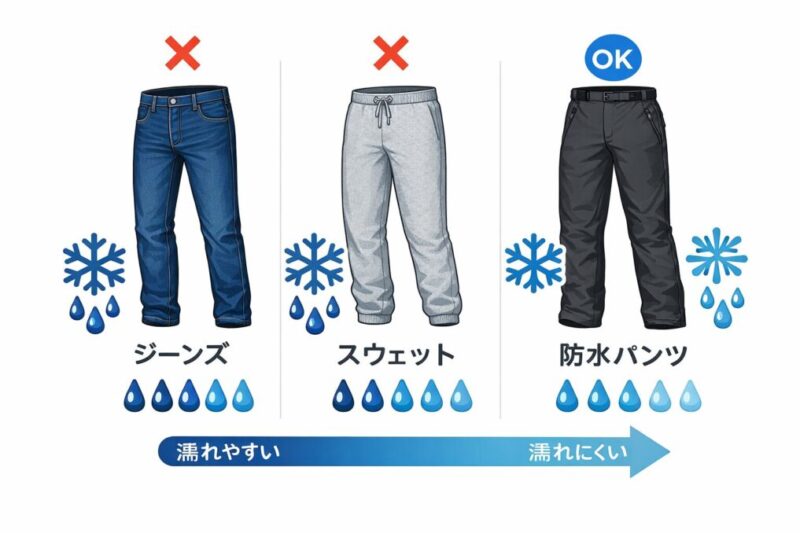 雪の日に避けたいパンツと代用しやすいパンツを比較する図