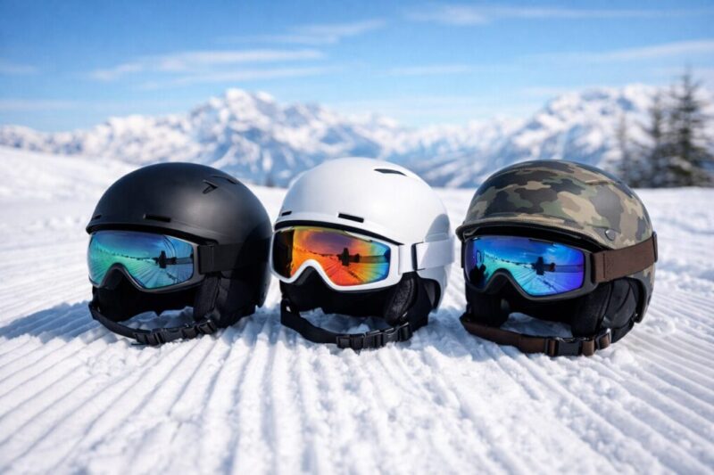 雪上に並べた3種類のヘルメットとゴーグルの比較写真