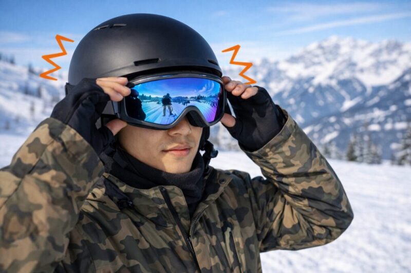 雪山でゴーグルを調整するスノーボーダーの上半身写真