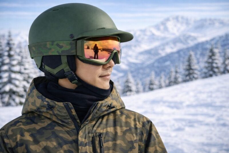 雪山でツバ付きヘルメットとゴーグルを着用したスノーボーダーの横顔写真