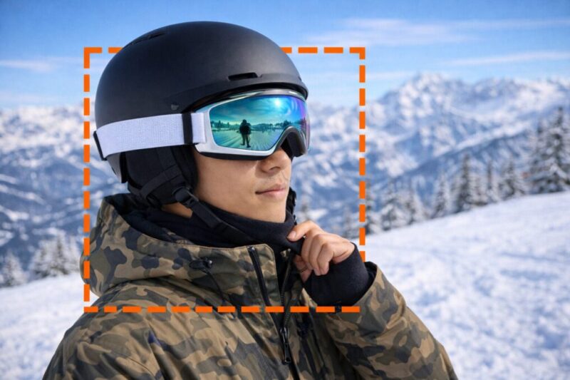 雪山でネックウォーマーを調整するスノーボーダーの横顔写真