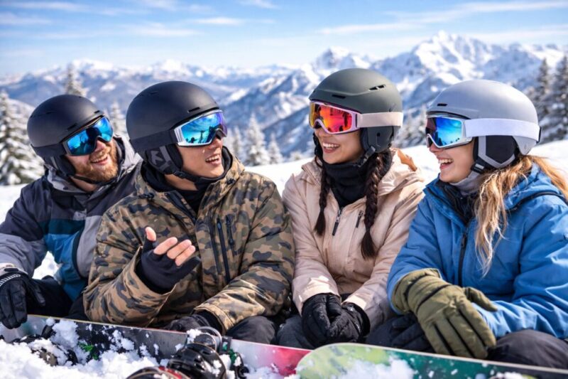 雪山でヘルメットとゴーグルを着用したスノーボーダーたちの集合写真