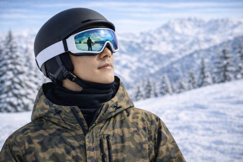 雪山でヘルメットとゴーグルを着用したスノーボーダーの横顔アップ写真