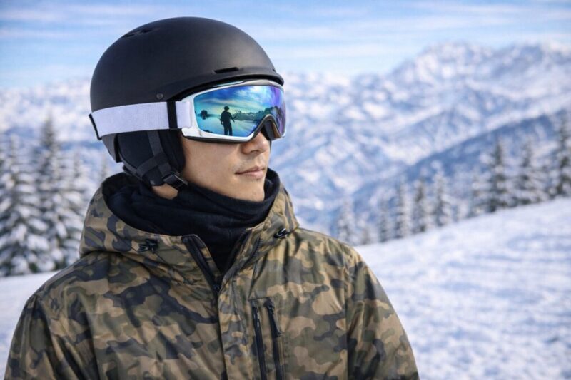 雪山でヘルメットとゴーグルを着用したスノーボーダーの横顔写真