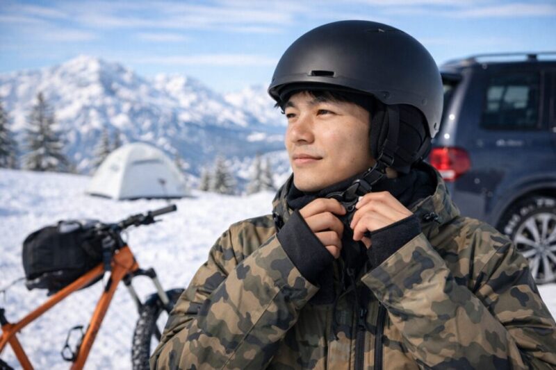 雪山でヘルメットのあご紐を調整するスノーボーダーの写真