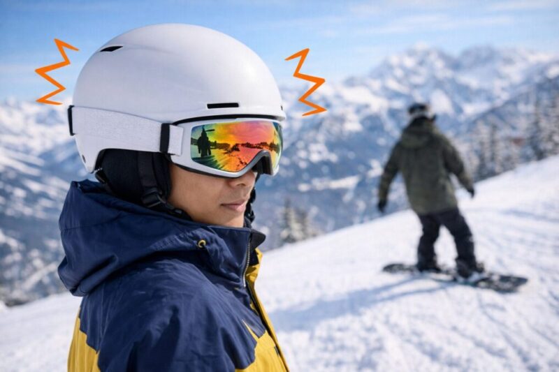 雪山で光沢のあるヘルメットとゴーグルを着用したスノーボーダーのアップ写真