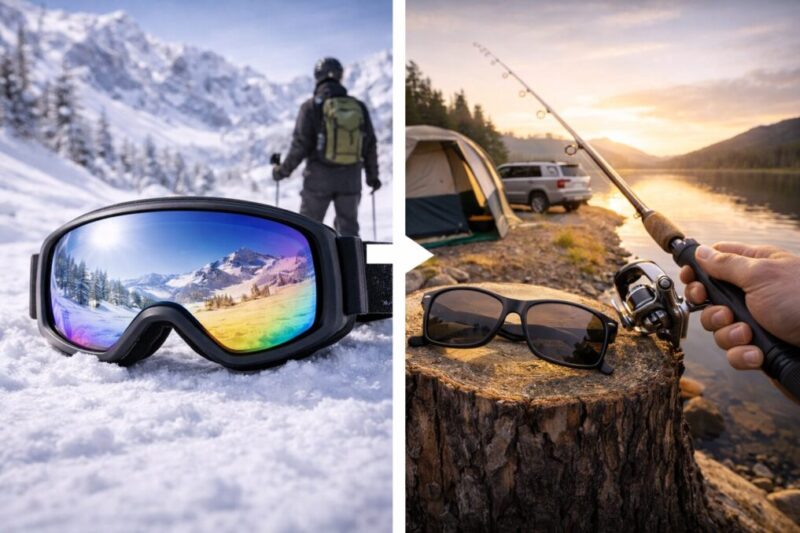 雪山のゴーグルと湖畔のサングラスを対比して使い分けを伝えるイメージ