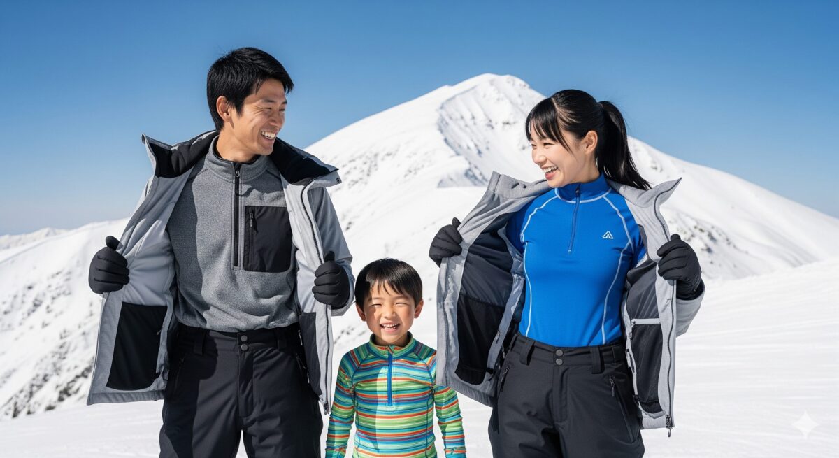 雪山を背景に、スキーウェアの下のレイヤリングを紹介する日本人の家族。