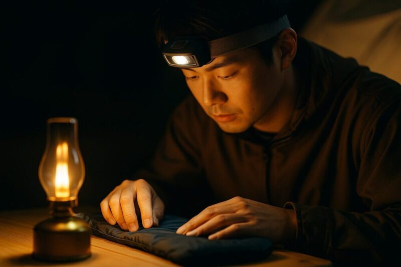 雰囲気灯の暖かな光とヘッドライトLowで手元を照らす日本人キャンパーの夜の静物的シーン