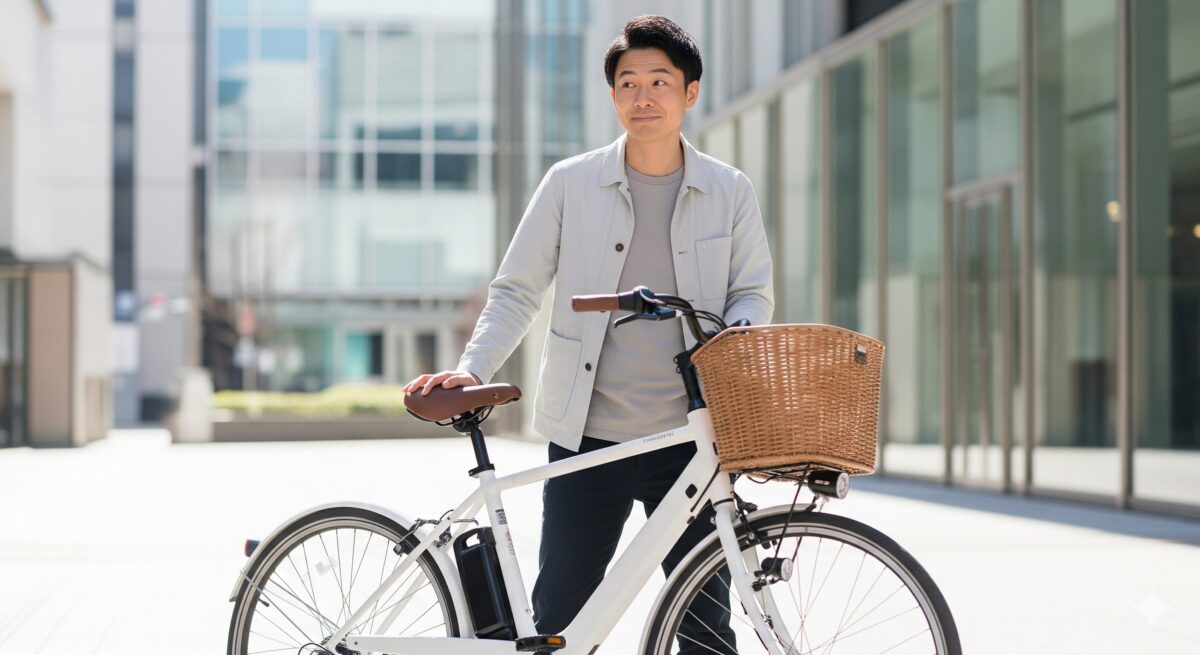 電動アシスト自転車の横で、その機能性に満足げな表情を浮かべる日本人男性