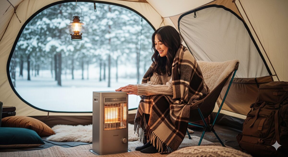 電気ストーブの柔らかな暖かさに包まれながら、厚手のブランケットを羽織ってゆったりとくつろぐ日本人女性の姿。