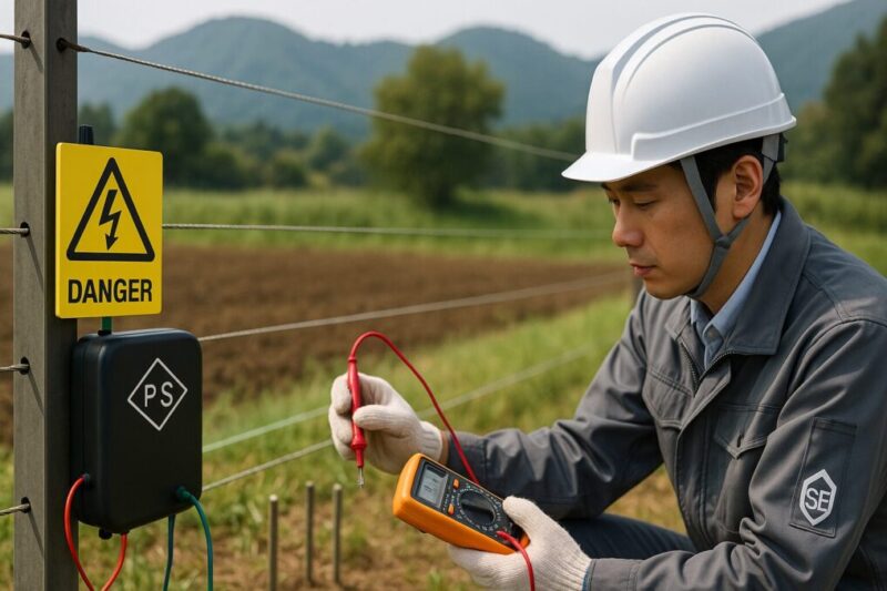 電気柵のワイヤー付近で日本人作業員がテスターを当てて電圧を確認している、安全点検中の様子を写した写真。