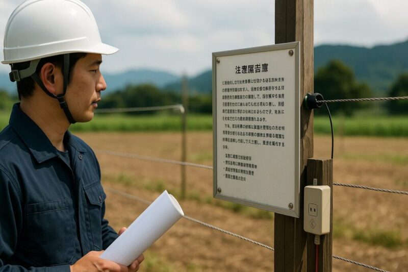電気柵の支柱のそばで、日本人作業員がヘルメットを着用し、配線とパワーユニットを確認している様子を写した、安全な設置作業のイメージ写真。