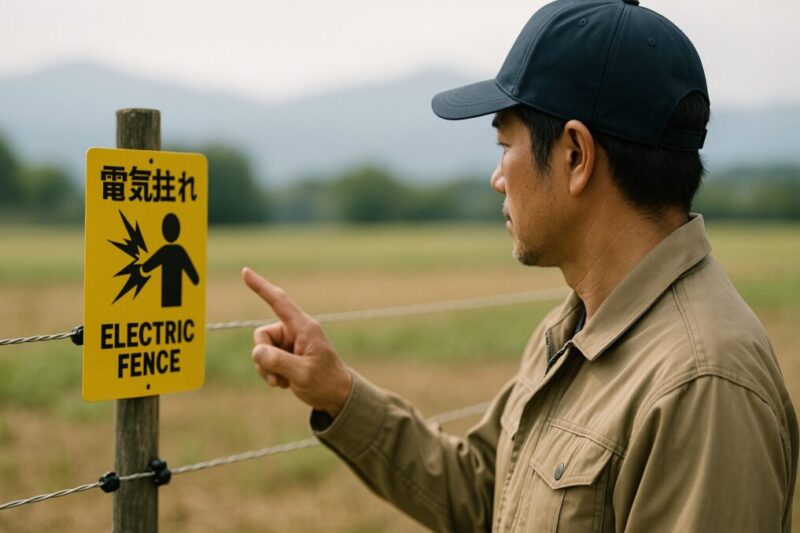 電気柵の注意看板を指差しながら人体への影響を確認している日本人農作業者の写真。