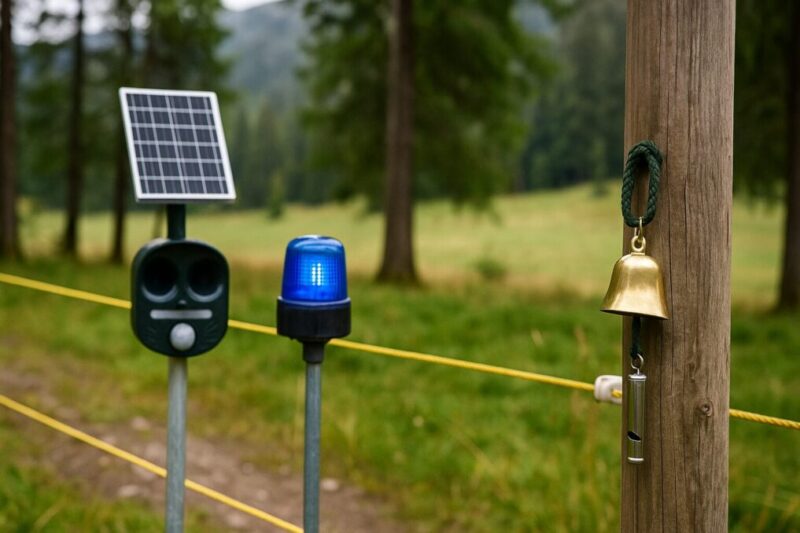 電気柵ロープとソーラー式センサーライト、青色灯、熊鈴とホイッスルを組み合わせた、音・光・電気柵による熊対策をイメージした写真