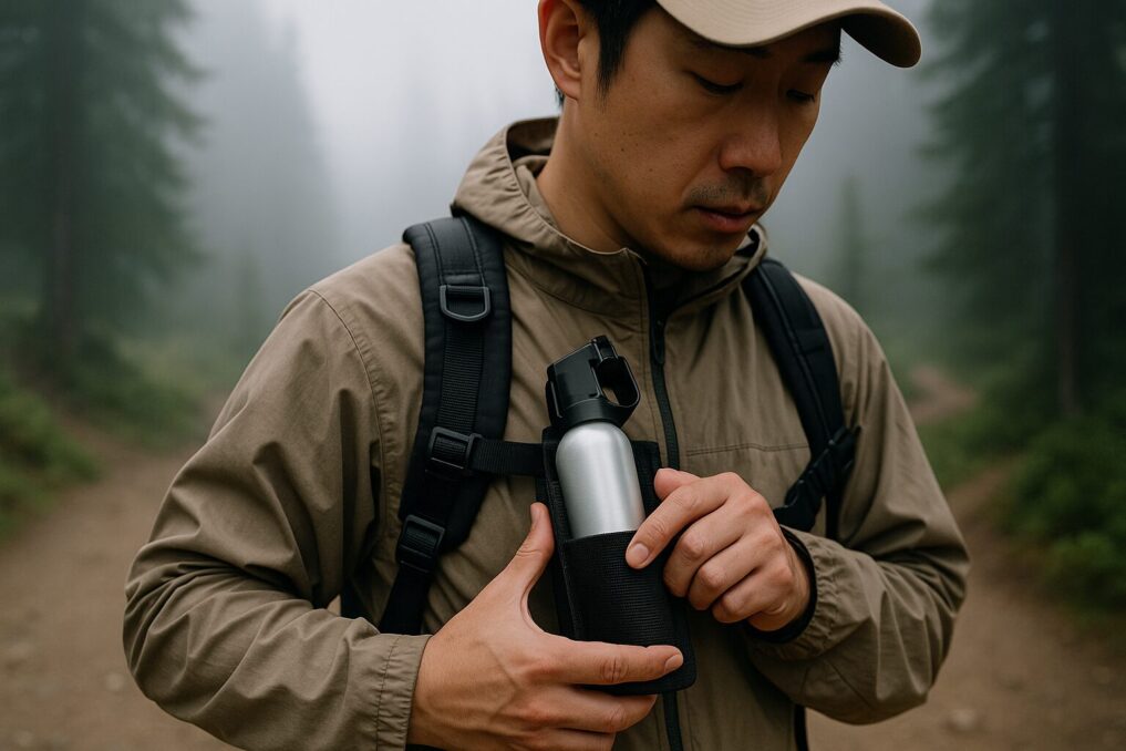 霧の登山道で胸元ホルスターに無地の熊よけスプレーを収納する日本人ハイカーの手元アップ。