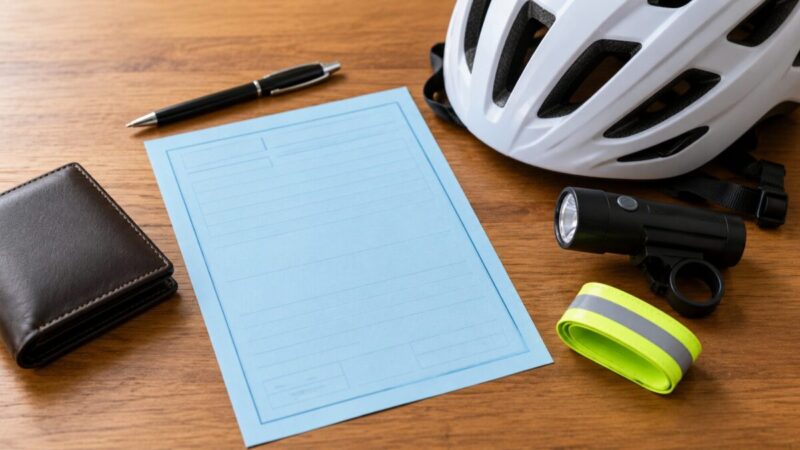 青い通知用紙と財布、自転車用ヘルメットや安全用品を並べた画像