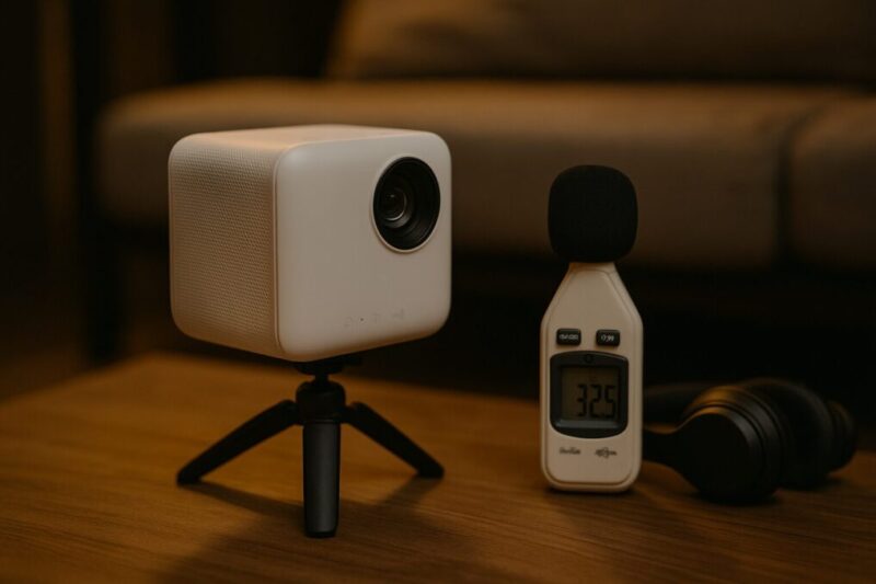 静音運用を意識したミニプロジェクターの低位置セットアップ。ヘッドホンと騒音計を並べ、キャンプで迷惑になりにくい選び方を示す構図。