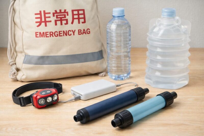 非常袋やライト、モバイルバッテリーと一緒に携帯浄水器を並べた防災準備のイメージ