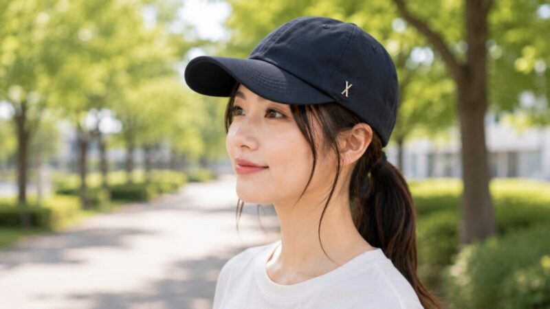 面長の女性が柔らかなネイビーの深めキャップをバランスよくかぶっている様子