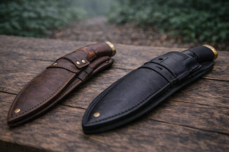 革風と樹脂風のシースを並べて、素材や作りの違いを比較しているイメージ