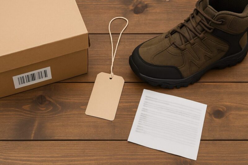 靴箱とタグ、読めない説明書、無地のミッドカット登山靴を並べたフラットレイ。