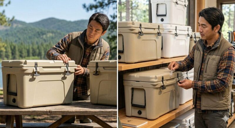 風化した木のテーブルに置かれた2つの頑丈なクーラーボックスを、日本人男性が真剣な表情で並べて見比べている