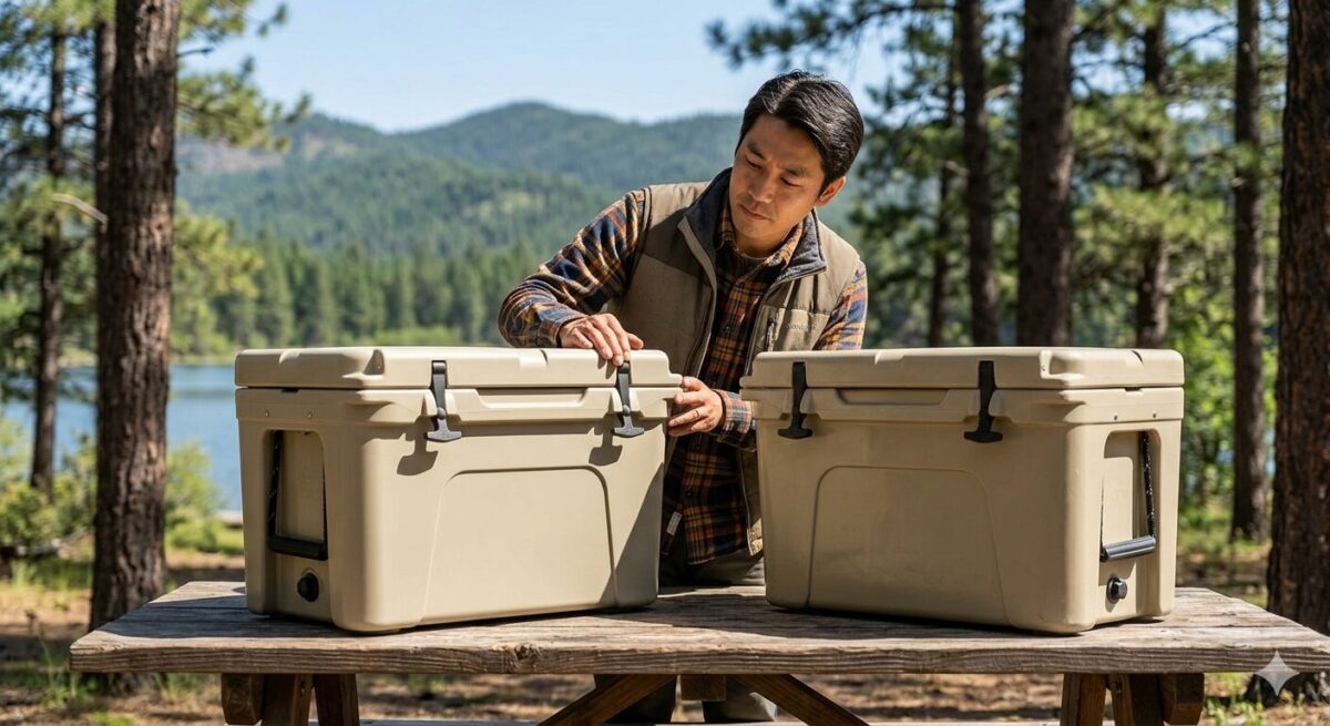 風化した木のテーブルに置かれた2つの頑丈なクーラーボックスを、日本人男性が真剣な表情で並べて見比べている、自然な光を捉えたアイキャッチ写真。