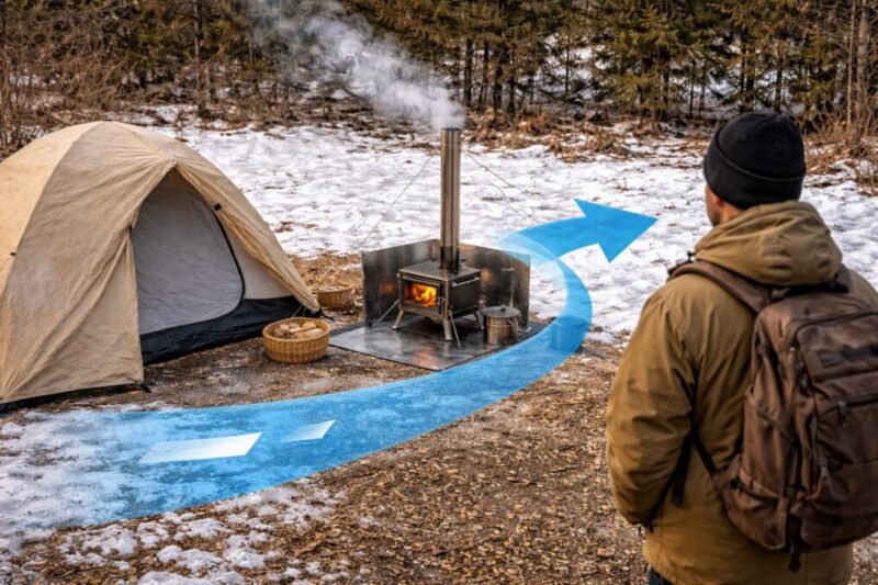 風向きを基準に薪ストーブの置き場所を決めている外設置の様子